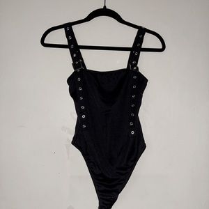 PrettyLittleThing black buckle strap thong bodysuit